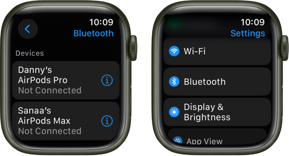 Two screens side by side. On the left is a screen that lists two available Bluetooth devices: AirPods Pro and AirPods Max, neither of which are connected. On the right is the Settings screen, showing Wi-Fi, Bluetooth, Display & Brightness, and App View buttons in a list.