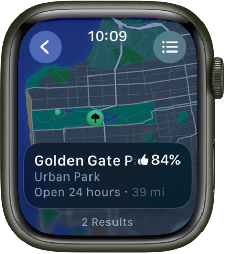 The Maps app showing a map of Golden Gate Park in San Francisco, along with a rating for the park, its hours of operation, and its distance from your current location. A Routes button appears at the top right. A Back button is at the top left.