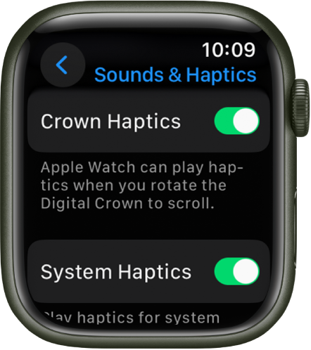 The Crown Haptics screen, showing the Crown Haptics switch turned on. The System Haptics switch is below.