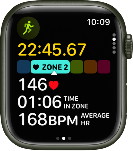 A running workout in progress shows the workout’s elapsed time, the zone you’re currently in, heart rate, time in zone, and average heart rate.