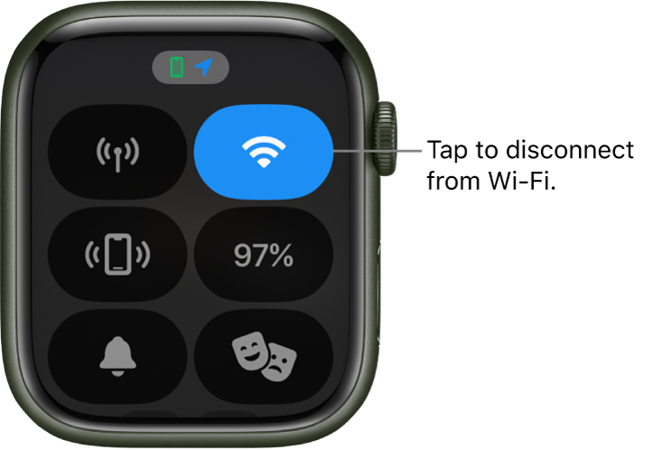 Control Center on Apple Watch (GPS + Cellular), with Wi-Fi button at the top right. Callout reads “Tap to disconnect from Wi-Fi.”