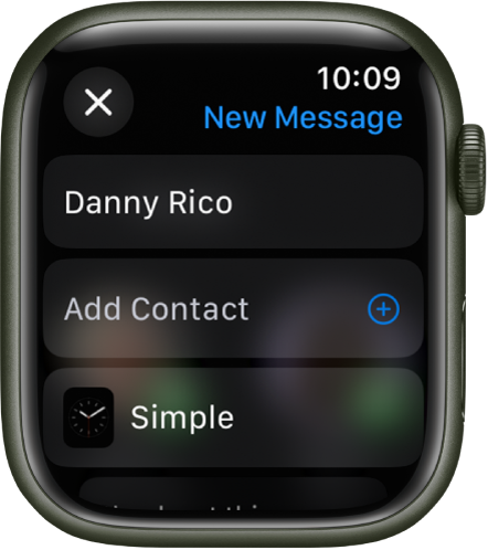 The Apple Watch screen showing a watch face sharing message with the recipient’s name at the top. Below are the Add Contact button and the name of the watch face.