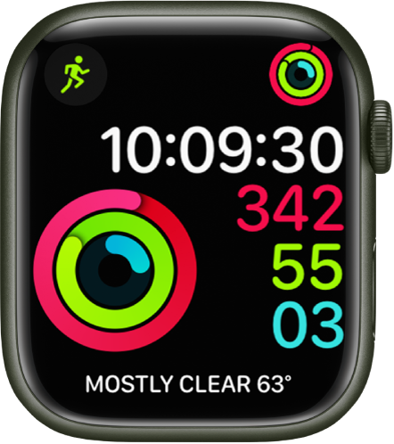 Activity Digital watch face showing the time as well as Move, Exercise, and Stand goal progress. There are also three complications: Workout at the top left, Activity at the top right, and the Weather Conditions complication at the bottom.