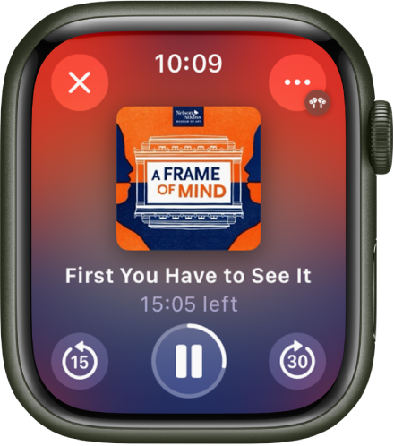 The Podcasts app showing the Now Playing screen with album art, episode title, and remaining time in the middle. At the bottom of the screen are the Skip Back, Play/Pause, and Skip Ahead buttons. The More Options button is at the top right and the Close button is at the top left.