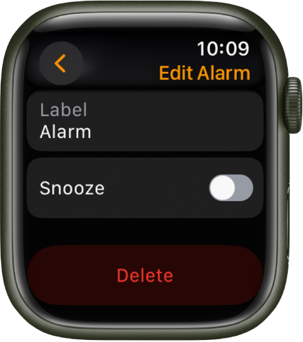 Edit Alarm screen, with the Delete button at the bottom.