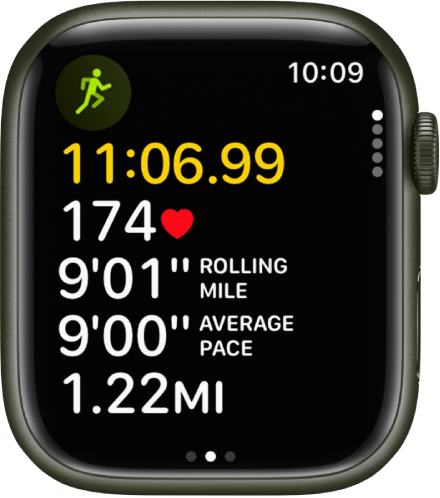 A running workout in progress shows the workout’s elapsed time, heart rate, rolling mile pace, average pace, and total distance traveled.