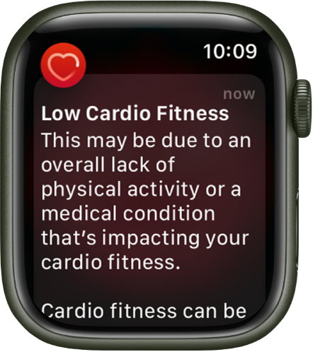 A Heart Rate alert, indicating low cardio fitness.