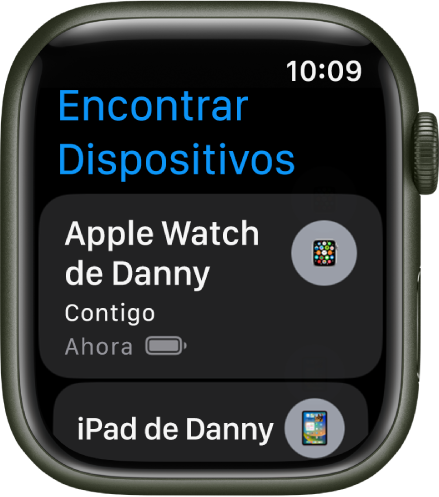 La app Encontrar Dispositivos mostrando dos dispositivos, un Apple Watch y un iPad.