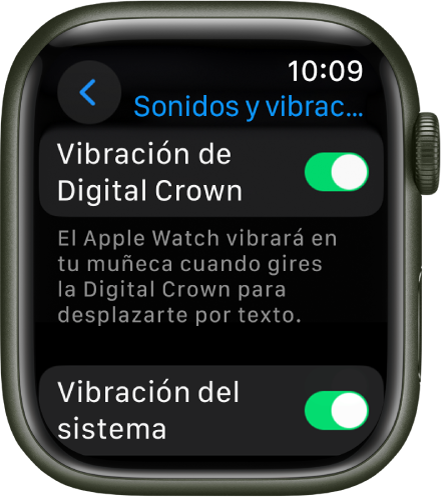 La pantalla Vibración de Digital Crown mostrando la vibración de la Digital Crown activada. Debajo se encuentra el botón Vibración del sistema.