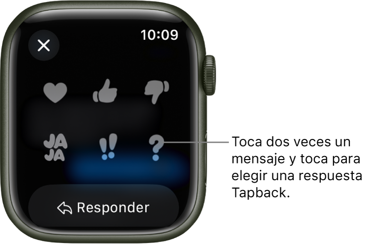 Una conversación de mensajes con opciones de respuesta Tapback: corazón, pulgar hacia arriba, jaja, !! y ?. Debajo se encuentra el botón Responder.