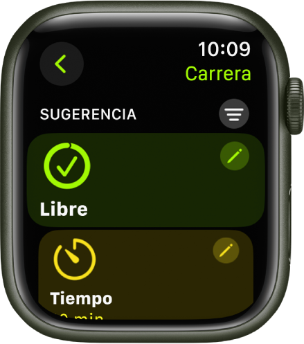 La app Entrenamiento muestra una pantalla para editar un entrenamiento Carrera al aire libre. El cuadro Abrir está en el centro y tiene el botón Editar en la esquina superior derecha. Debajo se encuentra una parte del cuadro Tiempo.