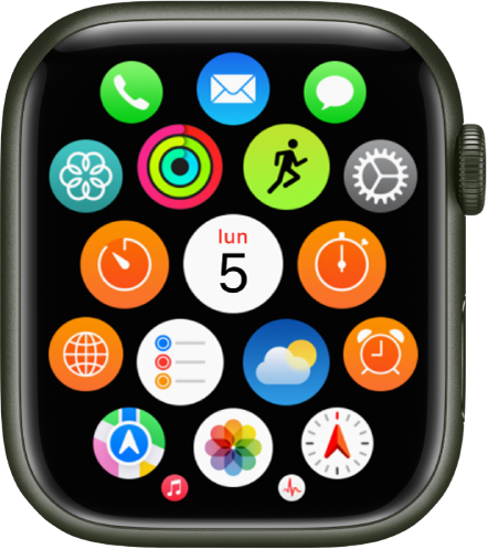 Pantalla de inicio con la visualización como cuadrícula en el Apple Watch, con apps en un grupo. Toca una app para abrirla. Gira la corona Digital Crown para ver más apps.