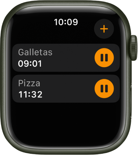 Dos temporizadores en la app Temporizadores. Un temporizador llamado Galletas está en la parte superior. Debajo está un temporizador llamado Pizza. Cada temporizador muestra el tiempo restante debajo de su nombre, y el botón Pausar a la derecha. El botón Agregar está en la esquina superior derecha.