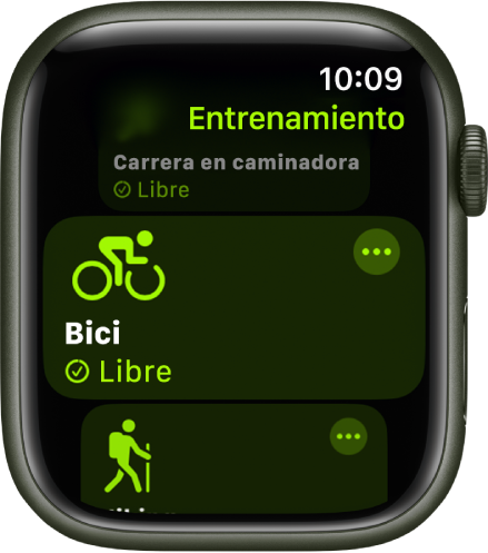 La pantalla Entrenamiento con la opción Bici al aire libre resaltada. Hay un botón Más en la esquina superior derecha del recuadro Entrenamiento.