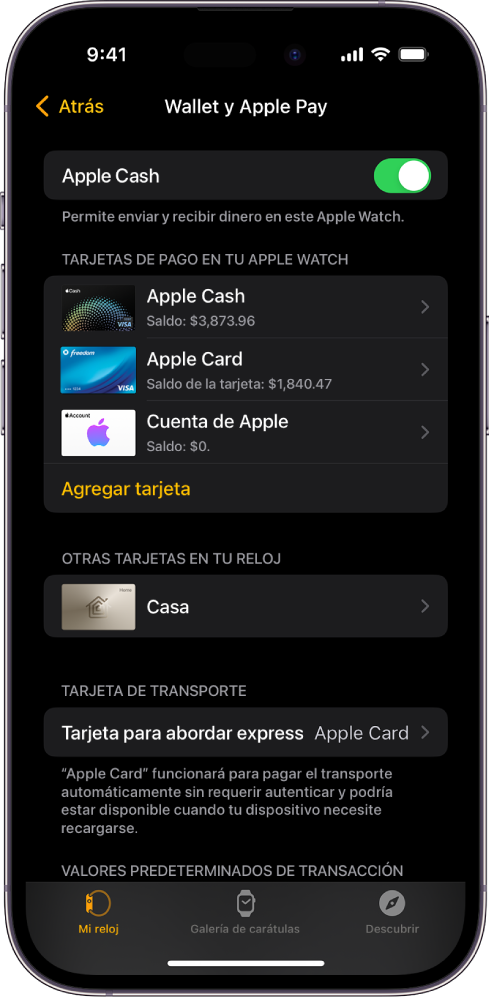 Pantalla de Wallet y Apple Pay de la app Apple Watch en el iPhone. La pantalla muestra las tarjetas agregadas al Apple Watch y la tarjeta elegida para Abordar express.