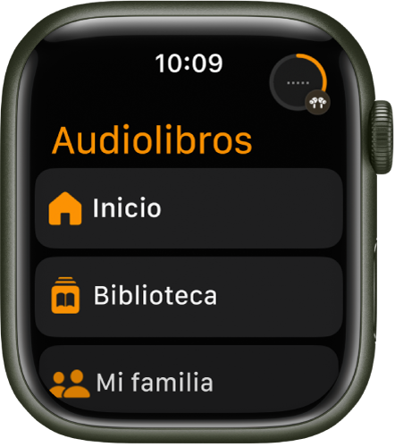 La app Audiolibros mostrando los botones Iniciar, Biblioteca y Mi familia.