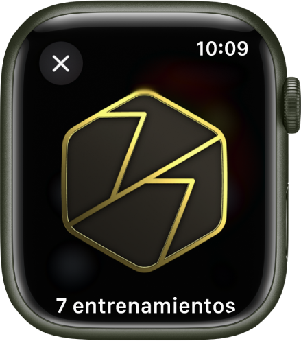 Se muestra un premio en el Apple Watch. Debajo del premio hay una descripción del mismo. Puedes arrastrar para girar el premio.