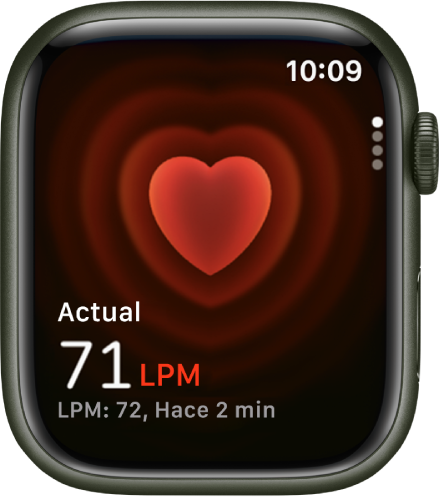 La app Frecuencia Cardiaca, tu frecuencia cardiaca actual está en el área inferior izquierda, debajo está tu lectura más reciente en un tipo de letra más pequeño.