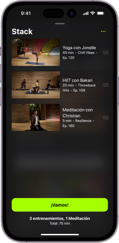 Una pantalla mostrando una lista con dos entrenamientos y una meditación. El botón ¡Vamos! está en el área inferior de la pantalla.