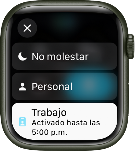 La lista Enfoques muestra No molestar, Personal y Trabajo. El enfoque Trabajo está activado.