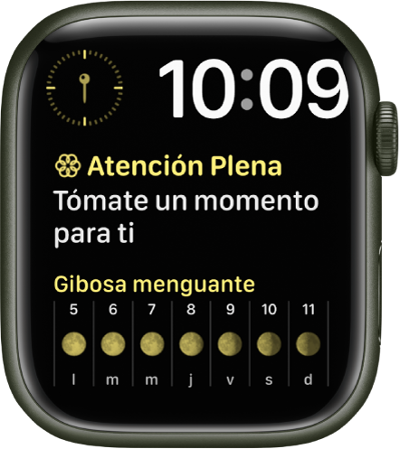 La carátula Modular (Dúo) mostrando un reloj digital cerca de esquina superior derecha y tres complicaciones: Brújula en la esquina superior izquierda, Atención Plena en medio y Fase lunar en la parte inferior.