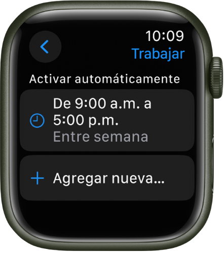 La pantalla del enfoque Trabajo muestra un horario de 9 a.m. a 5 p.m. en días laborables. El botón Agregar nuevo está debajo.