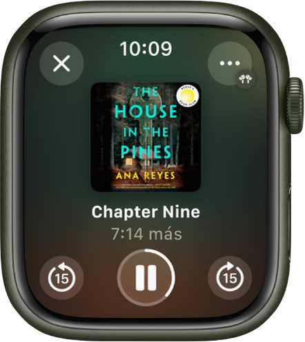La pantalla Reproducir de un audiolibro. El botón Cerrar está en la esquina superior izquierda, el botón Más está en la esquina superior derecha, el botón Retrocede 15 segundos está en la esquina inferior izquierda, el botón Reproducir/Pause está en la parte central inferior y el botón Avanza 15 segundos está en la esquina inferior derecha. En el centro está la ilustración del libro, el número del capítulo y el tiempo restante en el capítulo.