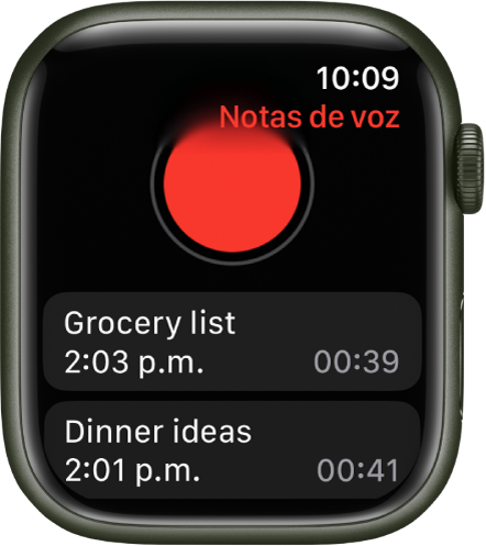 Apple Watch mostrando la pantalla de Notas de Voz. Hay un botón rojo de grabación en la esquina superior. Debajo aparecen dos notas de voz. Las notas de voz muestran las horas en que se grabaron y su duración.