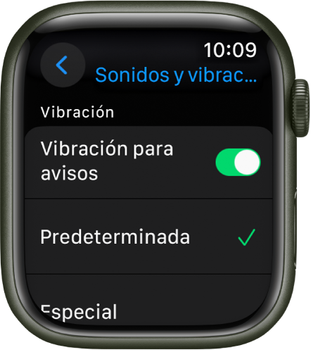 Configuración de Sonidos y vibración en el Apple Watch con el interruptor Vibración para avisos y los botones Predeterminado y Especial debajo.