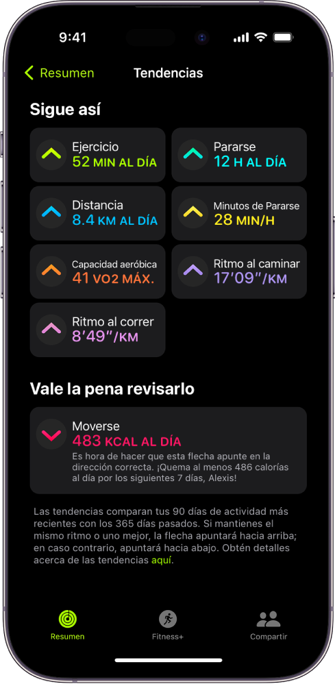 La pestaña Tendencias de la app Fitness en el iPhone. Se muestran varias métricas debajo del encabezado Tendencias cerca de la parte superior de la pantalla. Las métricas incluyen Ejercicio, Pararse, Distancia y más. Debajo de la sección Vale la pena revisarlo se muestra la tendencia Moverse.