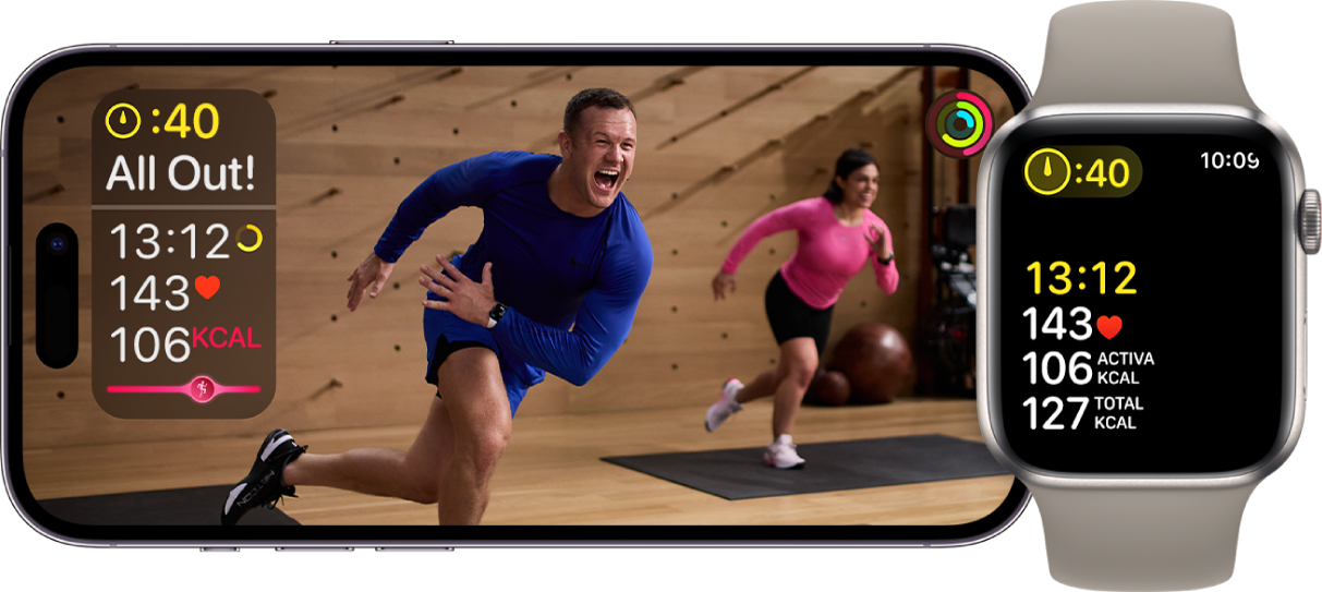 Un entrenamiento de Apple Fitness+ en un iPhone y Apple Watch, mostrando el tiempo restante, frecuencia cardiaca y calorías quemadas.