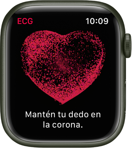 La app ECG mostrando una imagen de un corazón con las palabras “Mantén tu dedo en la corona”.