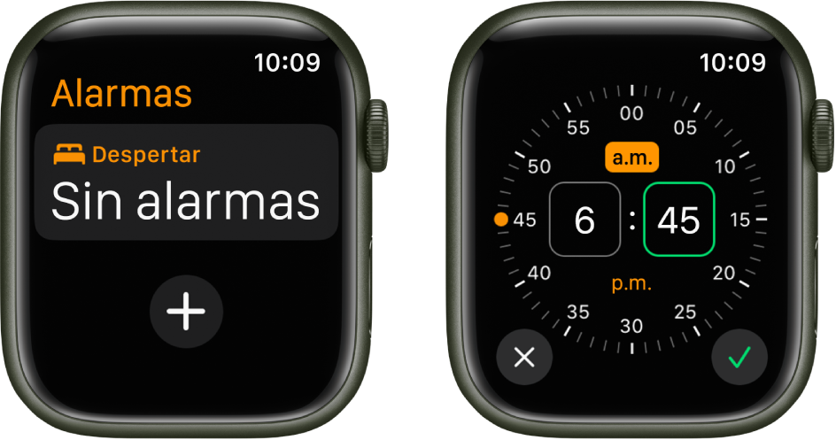 Dos pantallas de relojes mostrando el proceso para agregar una alarma: Toca Agregar alarma, selecciona a.m. o p.m., gira la corona Digital Crown para ajustar la hora y toca el botón Establecer.