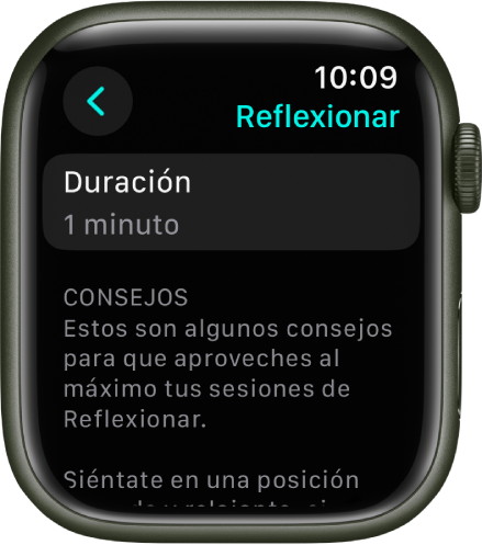 La pantalla de la app Atención Plena muestra una duración de un minuto en la parte superior. Debajo hay consejos que te ayudan a mejorar una sesión de Reflexionar.