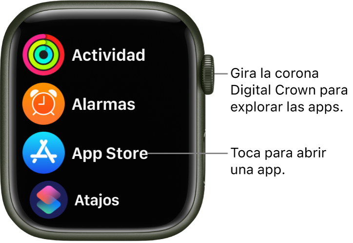 Pantalla de inicio con la visualización como lista en el Apple Watch, con apps en una lista. Toca una app para abrirla. Desplázate para ver más apps.