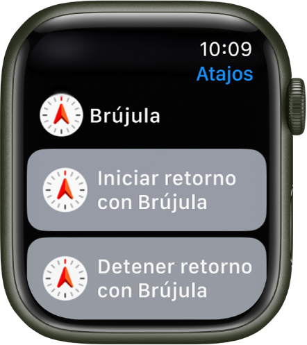 La app atajos en el Apple Watch mostrando dos atajos de Brújula: Iniciar retorno y Detener retorno.