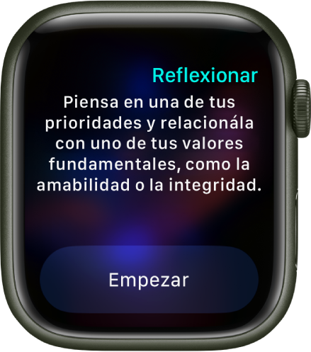 La app Atención Plena muestra una idea sobre la cual puedes reflexionar: “Vincula algo en lo en lo que te enfocas con uno de tus valores fundamentales, como la amabilidad o integridad”. Debajo está el botón Empezar.