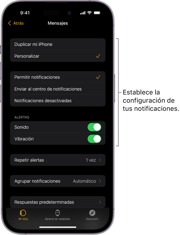 Configuración de Mensajes en la app Apple Watch en el iPhone. Puedes elegir si quieres mostrar alertas, activar el sonido, activar la vibración y repetir alertas.