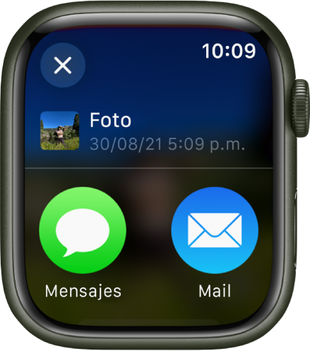 La pantalla Compartir en la app Fotos. La foto compartida está en la parte superior de la pantalla; los botones Mensajes y Mail están abajo.
