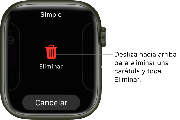 La pantalla del Apple Watch mostrando los botones Eliminar y Cancelar, que aparecen una vez que te has desplazado a una carátula y que la has deslizado hacia arriba para eliminarla.