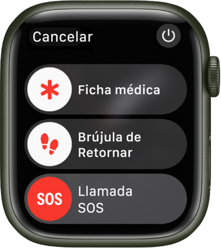 La pantalla del Apple Watch mostrando tres reguladores: Ficha médica, Retornar y Llamada de emergencia. El botón Apagar está en la esquina superior derecha.