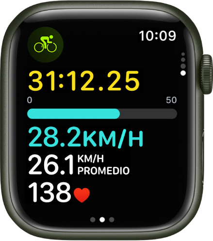 Un entrenamiento de bicicleta en curso muestra el tiempo transcurrido del entrenamiento, velocidad, velocidad promedio y frecuencia cardiaca.