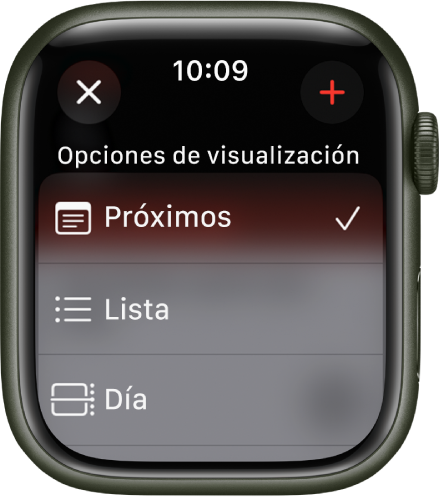 La pantalla de Calendario mostrando Opciones de visualizaciones: Próximos, Lista y Día. El botón Agregar está en la esquina superior derecha.