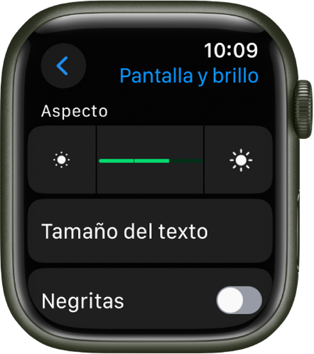 La configuración Pantalla y brillo del Apple Watch, con el regulador de brillo en la parte superior, y el botón Tamaño del texto en la parte inferior.