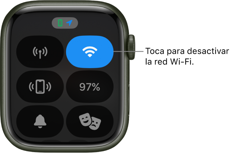 Centro de control del Apple Watch (GPS + Cellular) con el botón de Wi-Fi en la parte superior derecha. El texto dice Toca para desactivar la red Wi-Fi.