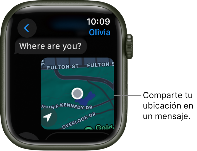 La app Mensajes mostrando un mapa con la ubicación marcada de una persona.