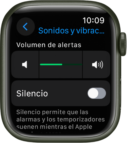 Configuración Sonidos y vibración en el Apple Watch, con el regulador Volumen de alerta en la parte superior y el botón del modo Silencio debajo de él.