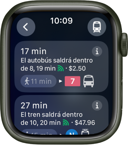 La app Mapas mostrando detalles de un trayecto en transporte público. El botón Modo de transporte está en la esquina superior derecha y el botón Atrás está en la esquina superior izquierda. Debajo están las primeras dos partes del trayecto: un autobús y tren, con detalles sobre cada medio de transporte.