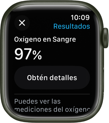 Pantalla de resultados de Oxígeno en Sangre mostrando una saturación de oxígeno en la sangre del 97 por ciento. El botón Obtén detalles está debajo.