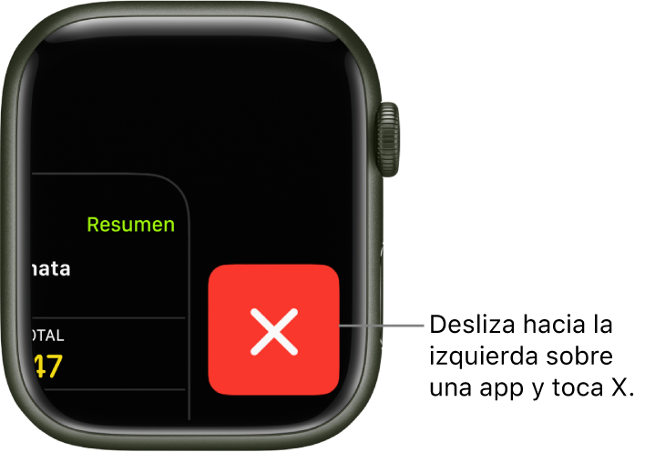 El selector de apps mostrando una X grande a la derecha y una parte de la app a la izquierda. Toca la X para eliminar la app del selector de apps.